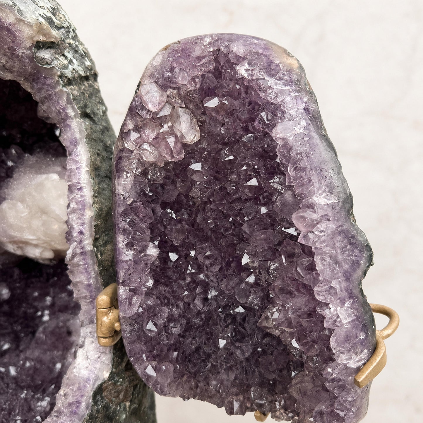 Large Brazilian Amethyst Geode with Calcite, Hinged Crystal Cave on Metal Stand, 18.2kg Statement Mineral, Exact Specimen - view 5
