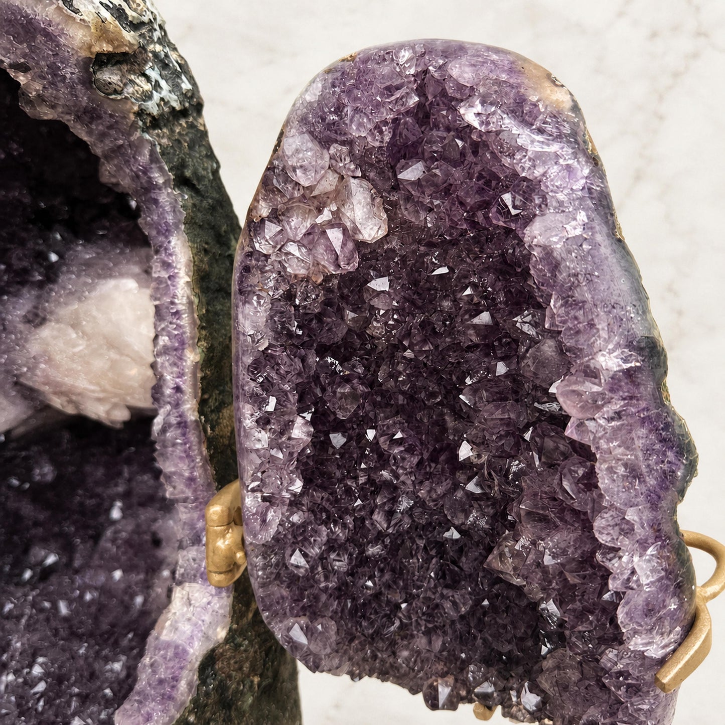 Large Brazilian Amethyst Geode with Calcite, Hinged Crystal Cave on Metal Stand, 18.2kg Statement Mineral, Exact Specimen - view 6