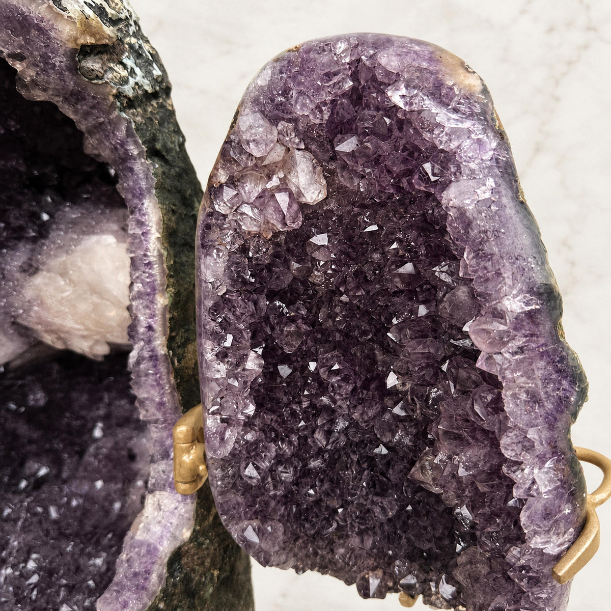 Large Brazilian Amethyst Geode with Calcite, Hinged Crystal Cave on Metal Stand, 18.2kg Statement Mineral, Exact Specimen - view 6
