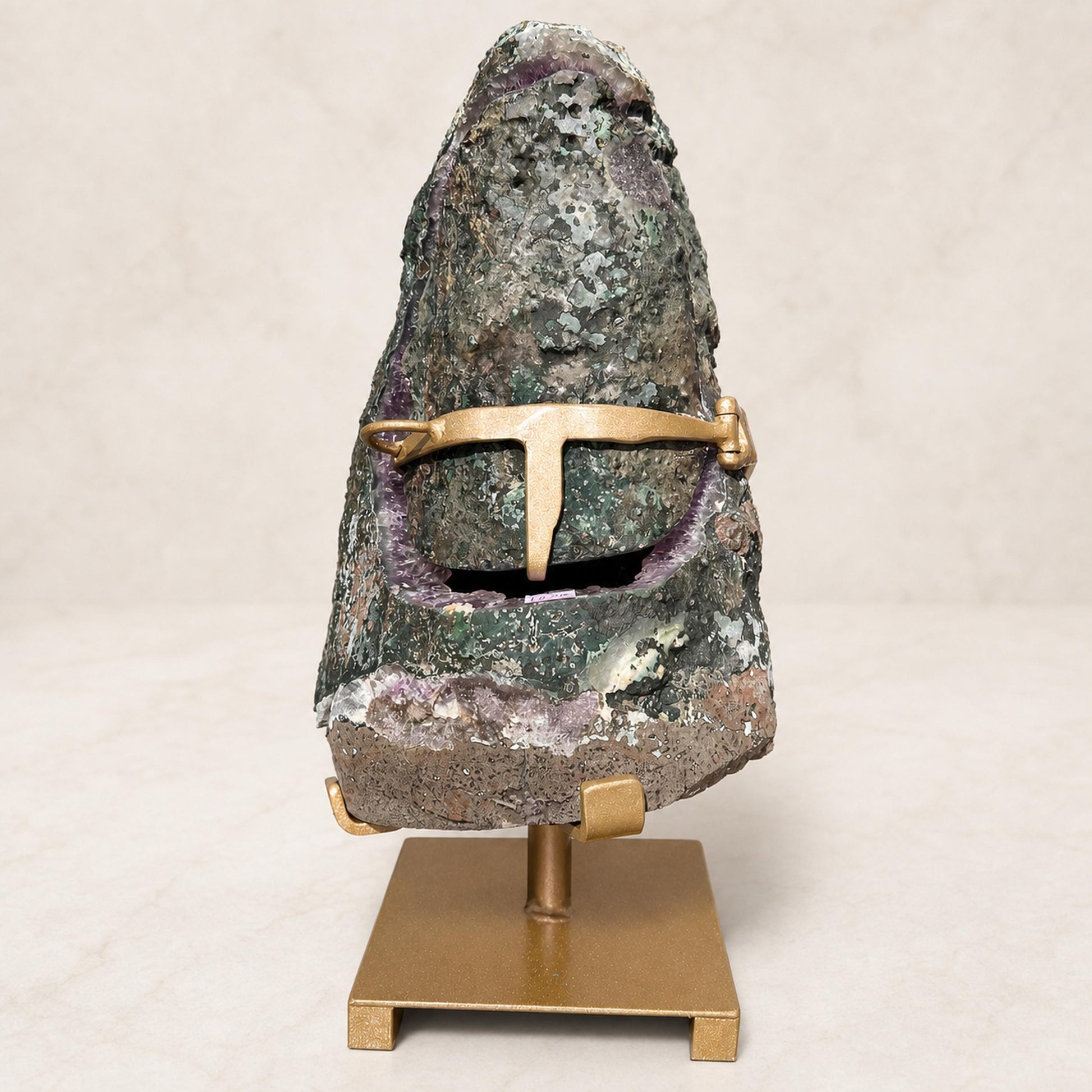 Large Brazilian Amethyst Geode with Calcite, Hinged Crystal Cave on Metal Stand, 18.2kg Statement Mineral, Exact Specimen - view 1
