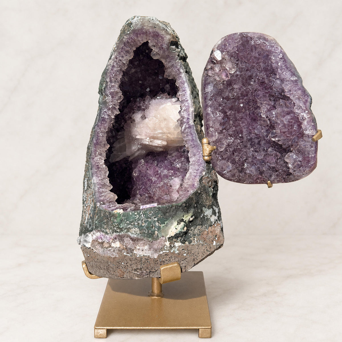 Large Brazilian Amethyst Geode with Calcite, Hinged Crystal Cave on Metal Stand, 18.2kg Statement Mineral, Exact Specimen - view 2