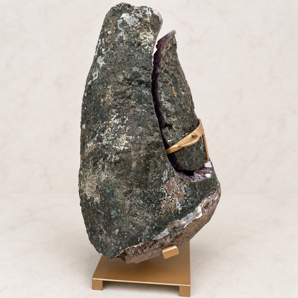 Large Brazilian Amethyst Geode with Calcite, Hinged Crystal Cave on Metal Stand, 18.2kg Statement Mineral, Exact Specimen - view 9