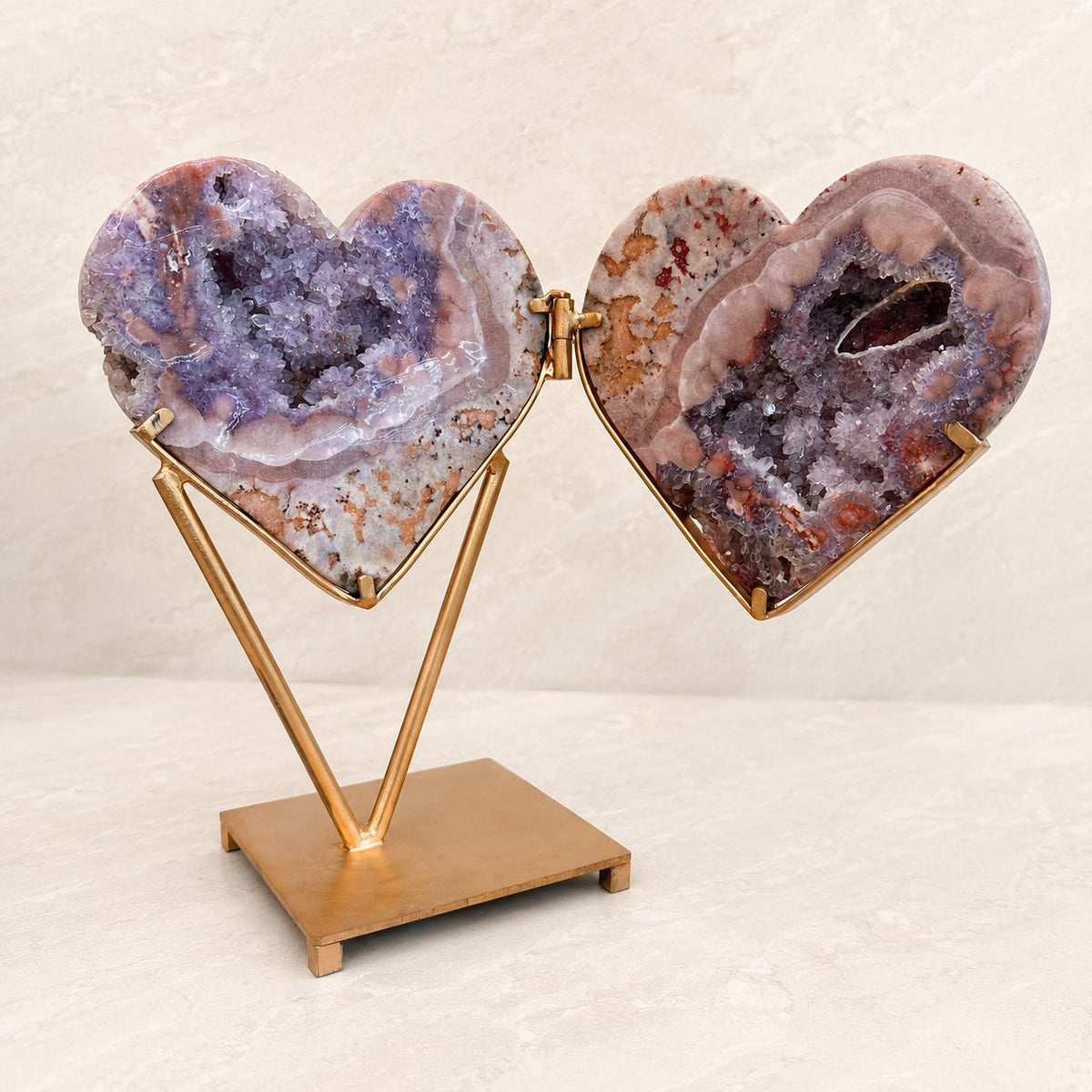 Large Brazilian Pink Amethyst Heart Geode Pair on Metal Stand, Bookmatched Hinged Crystal Display, 11.7kg Exact Specimen - view 8