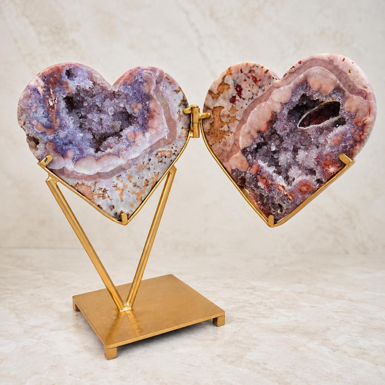Large Brazilian Pink Amethyst Heart Geode Pair on Metal Stand, Bookmatched Hinged Crystal Display, 11.7kg Exact Specimen - view 9