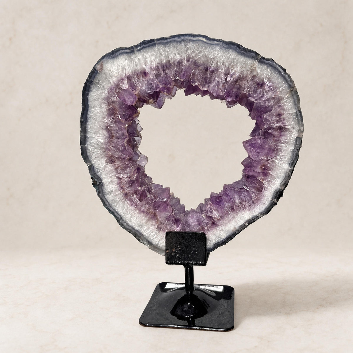 Brazilian Sugar Amethyst and Calcite Ring on Metal Stand, Crystal Geode Circle Display, 2.4kg Exact Specimen - view 1