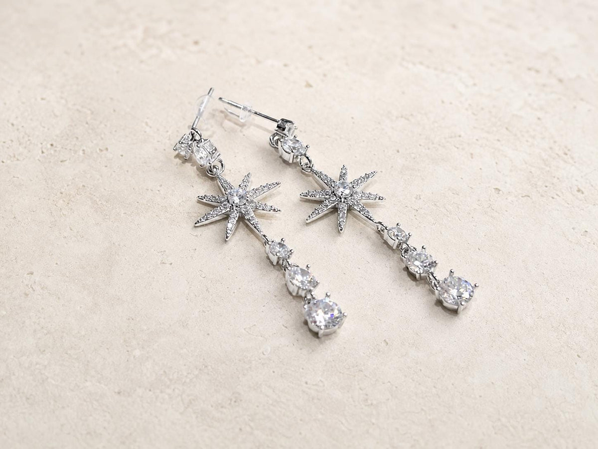 Silver Tone Starburst Drop Earrings, Long Clear Stone Dangles - view 2