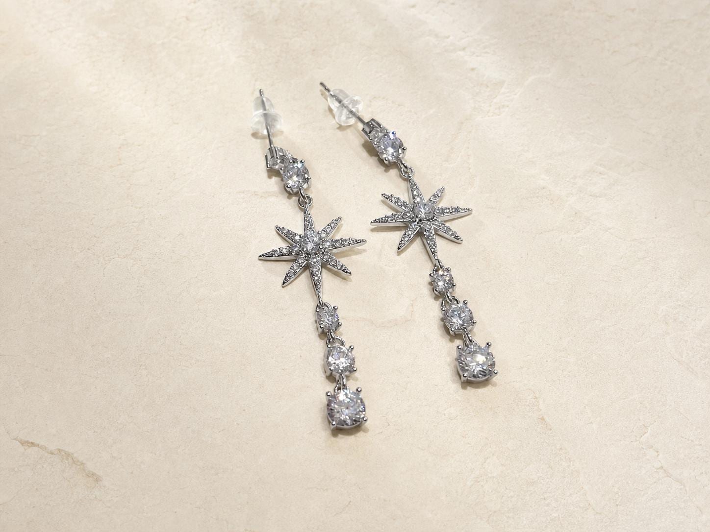 Silver Tone Starburst Drop Earrings, Long Clear Stone Dangles - view 6