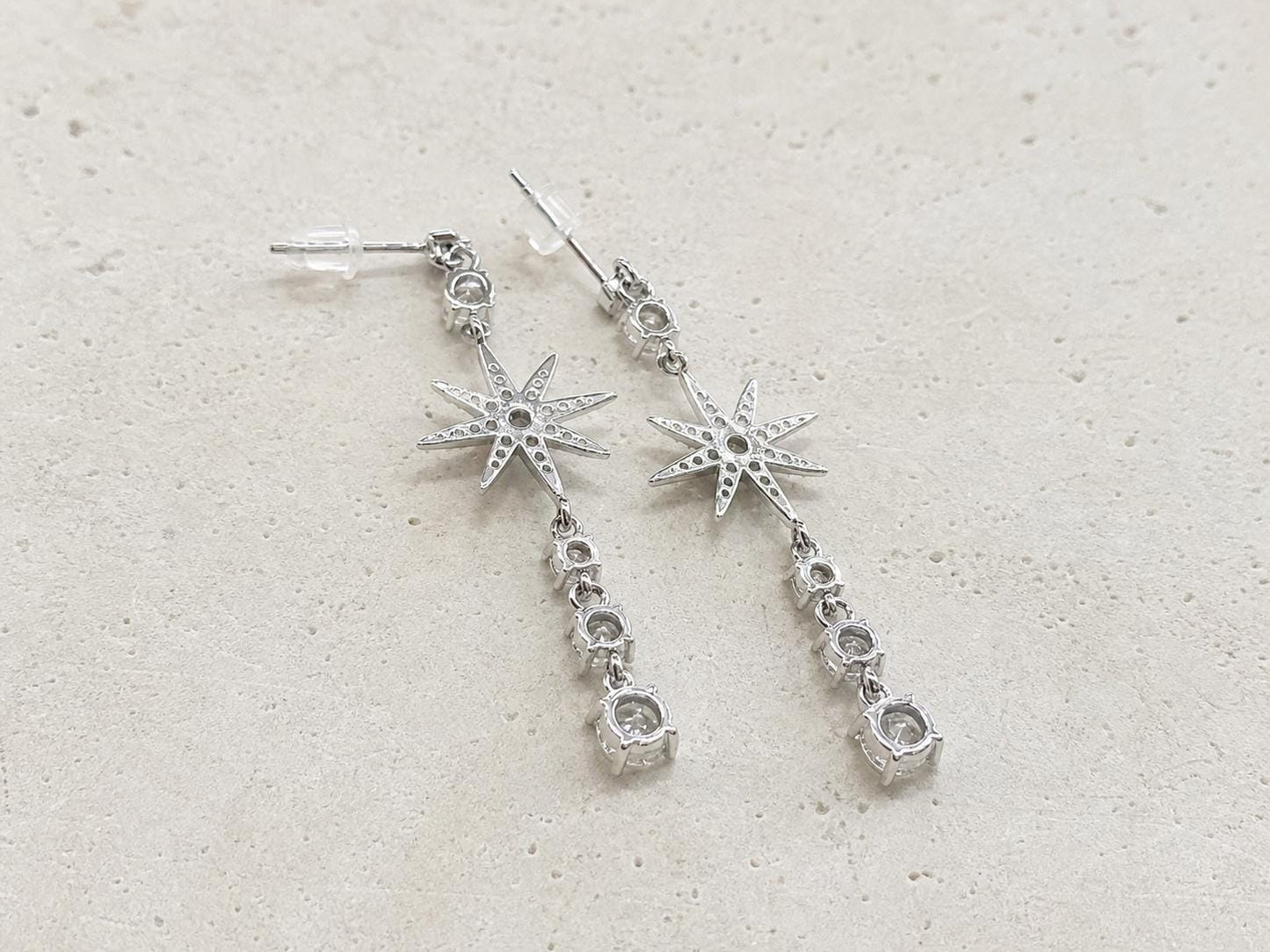 Silver Tone Starburst Drop Earrings, Long Clear Stone Dangles - view 3
