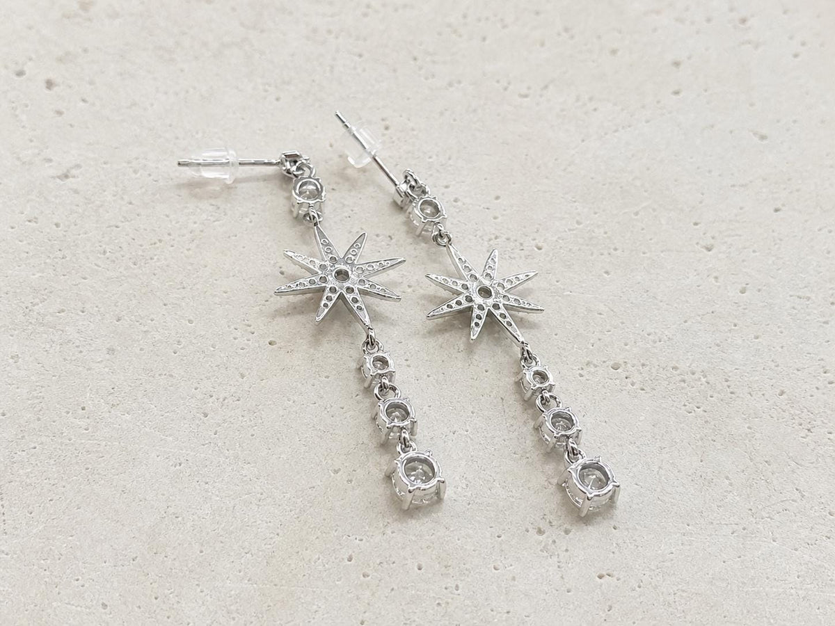 Silver Tone Starburst Drop Earrings, Long Clear Stone Dangles - view 3