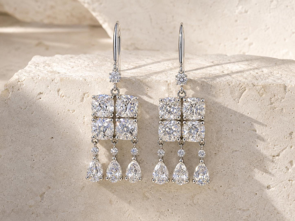Floral Cluster Drop Earrings, Clear Stone Teardrop Dangles - view 1