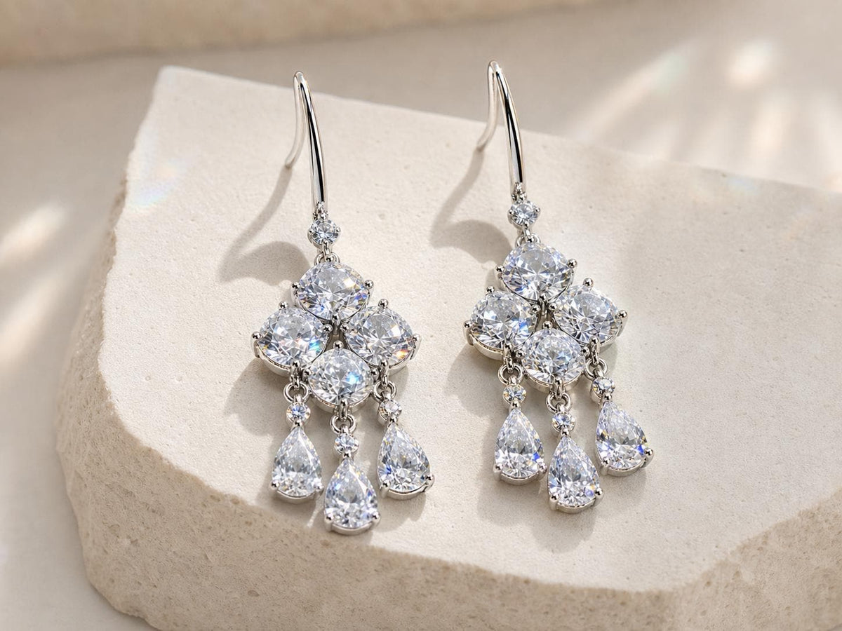 Floral Cluster Drop Earrings, Clear Stone Teardrop Dangles - view 2