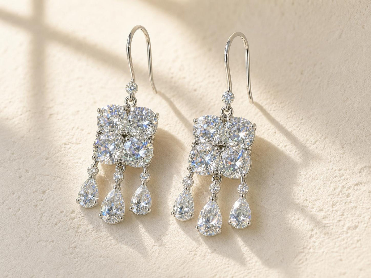 Floral Cluster Drop Earrings, Clear Stone Teardrop Dangles - view 6