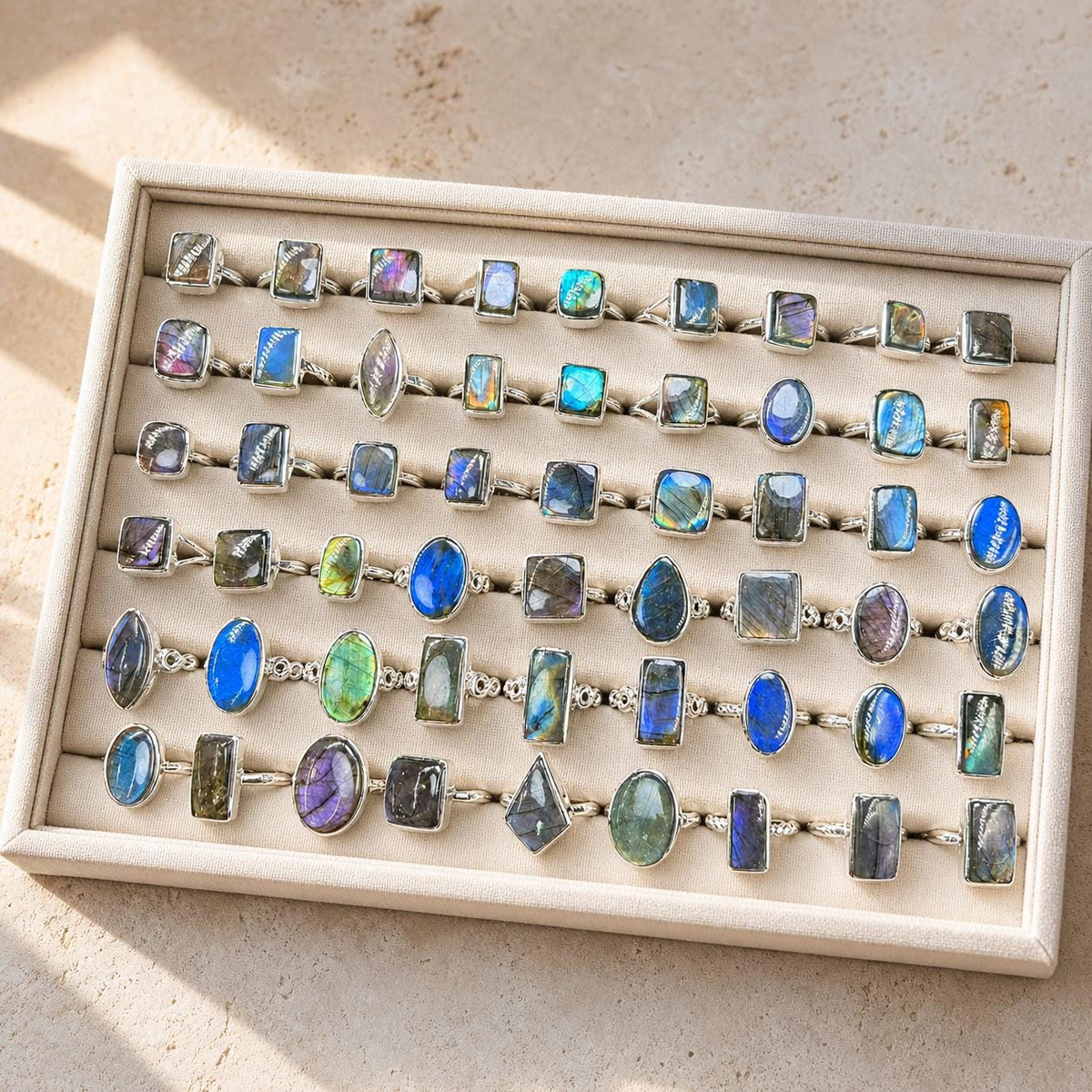 Color Flash Feldspar Ring, Assorted Natural Stone Shapes, Copper Setting - view 3