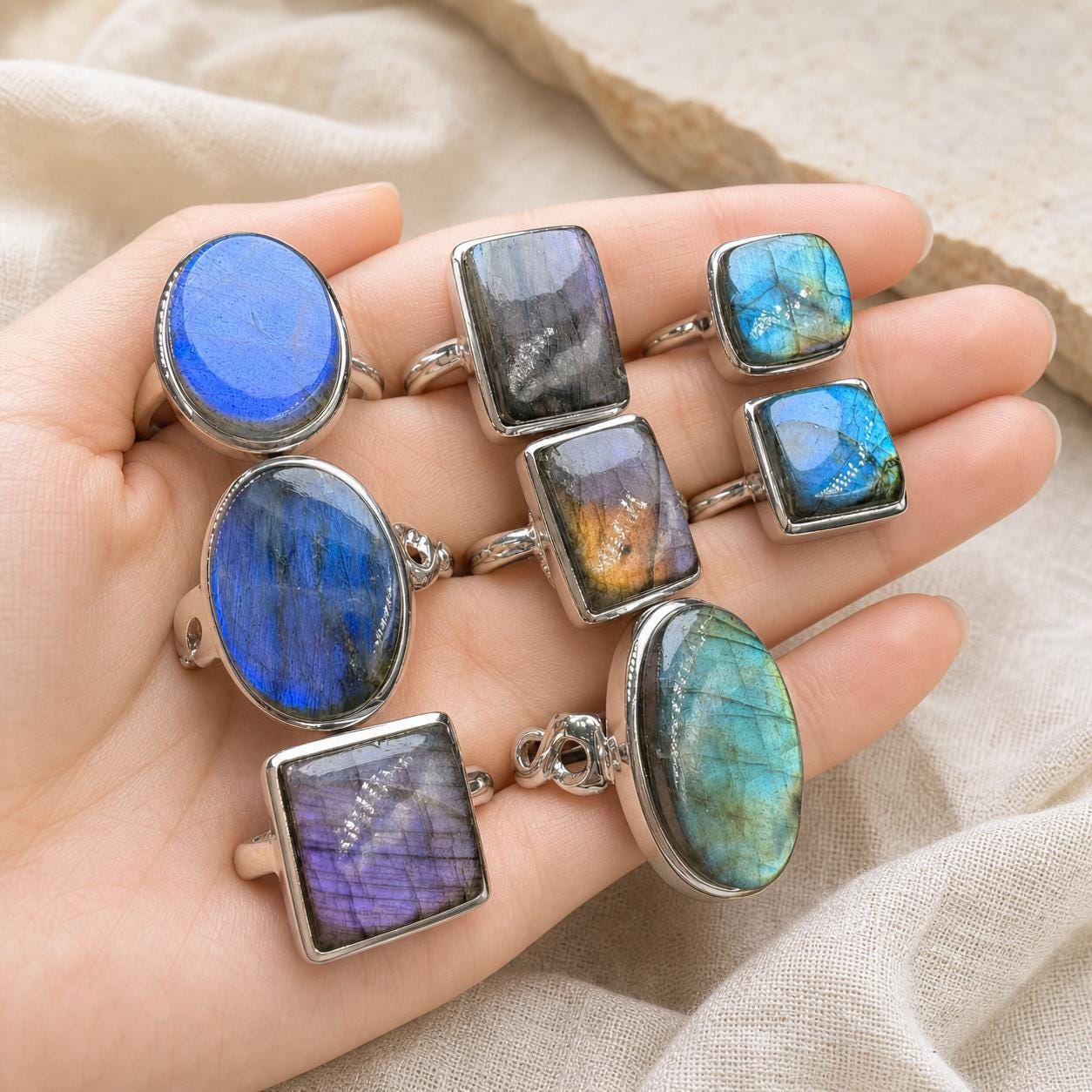 Color Flash Feldspar Ring, Assorted Natural Stone Shapes, Copper Setting - view 6