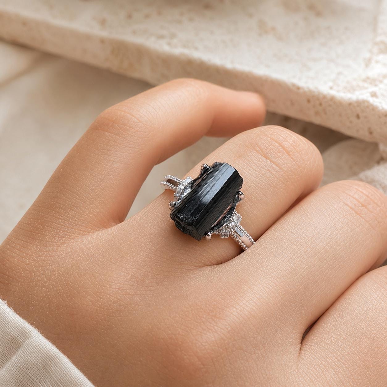 Black Tourmaline Rectangular Ring, Copper Setting, Natural Stone Jewelry - view 2