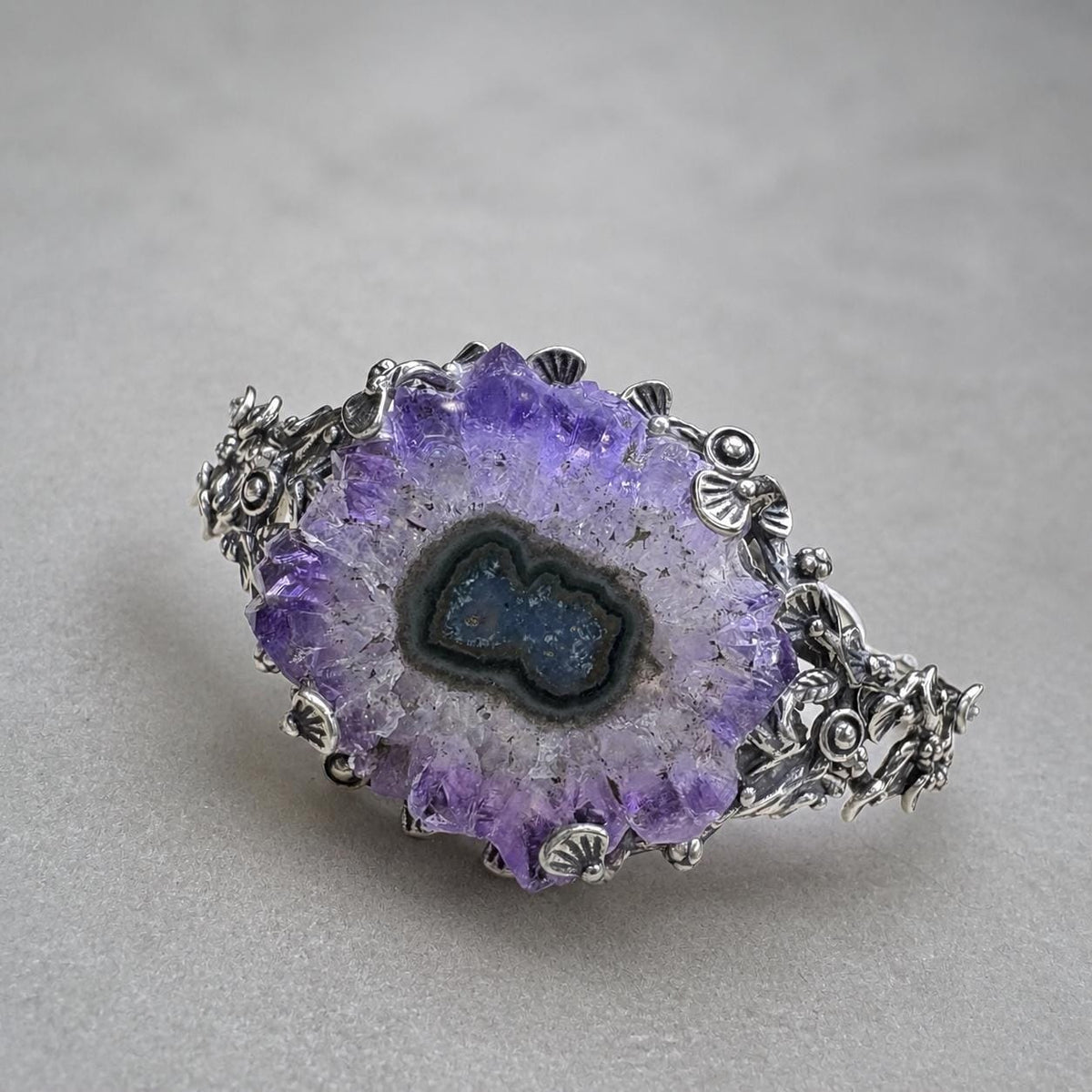Amethyst Geode Cuff Bracelet, Sterling Silver Raw Crystal Slice Bangle, Purple Statement Jewelry - view 1