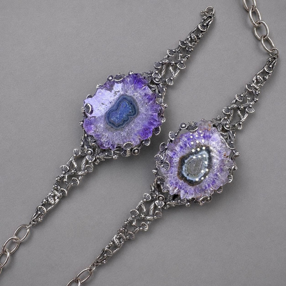 Amethyst Geode Cuff Bracelet, Sterling Silver Raw Crystal Slice Bangle, Purple Statement Jewelry - view 5