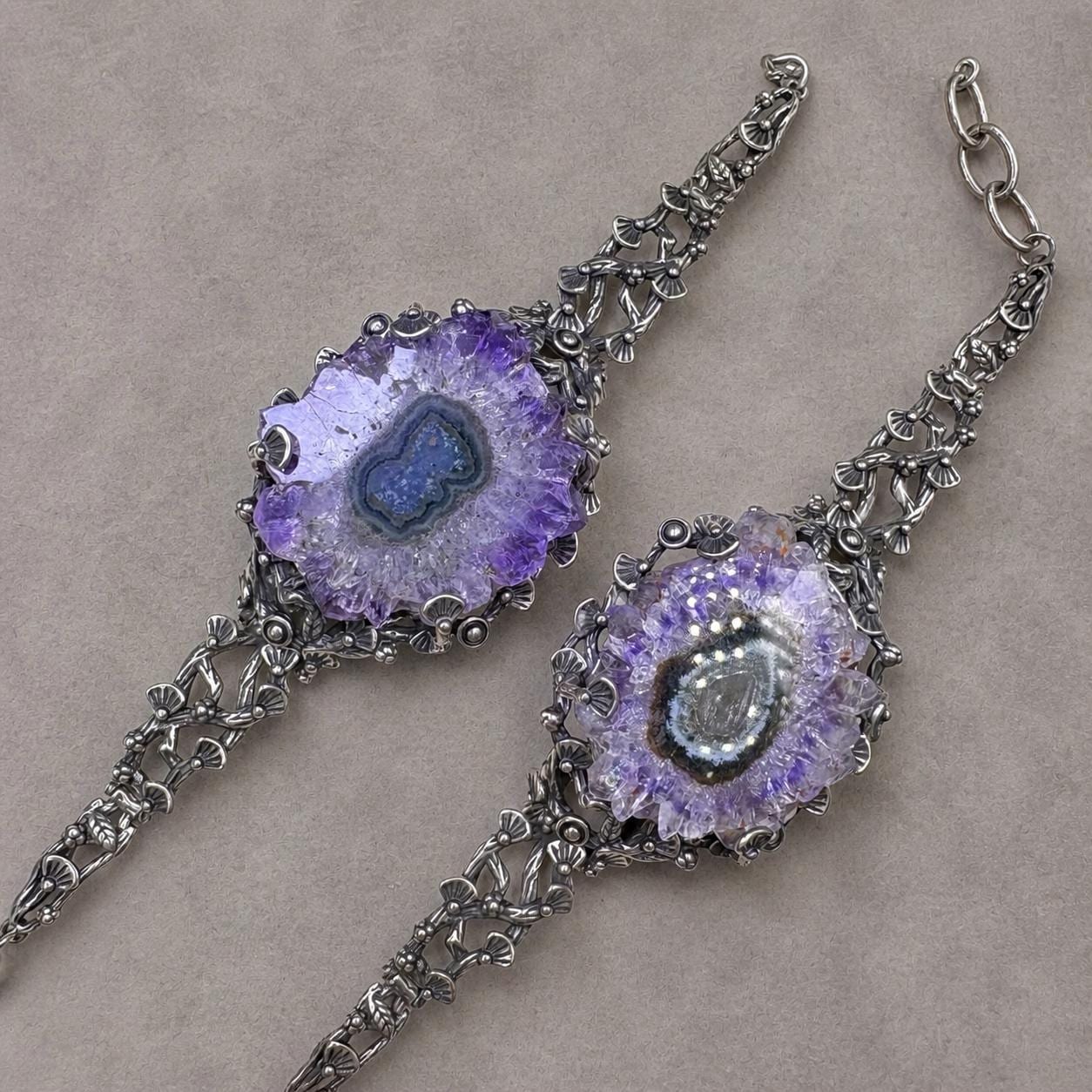 Amethyst Geode Cuff Bracelet, Sterling Silver Raw Crystal Slice Bangle, Purple Statement Jewelry - view 4