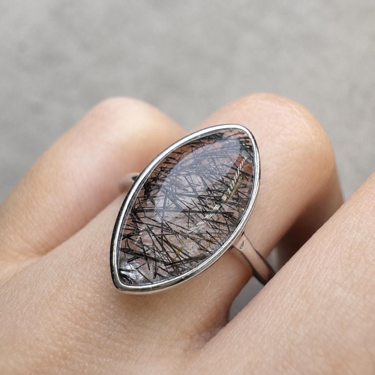 Black Rutilated Quartz Teardrop Ring, Sterling Silver Natural Crystal Ring, Black Needle Inclusion Jewelry - view 1