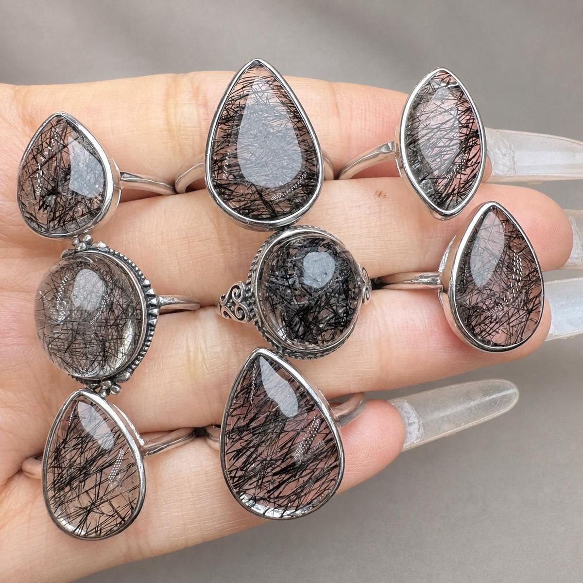 Black Rutilated Quartz Teardrop Ring, Sterling Silver Natural Crystal Ring, Black Needle Inclusion Jewelry - view 3