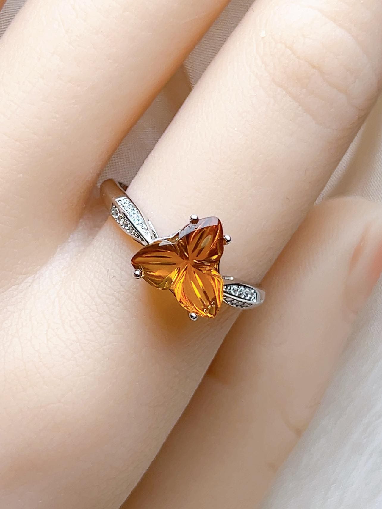 Natural Citrine Pear Floral Ring, S925 Sterling Silver - view 5