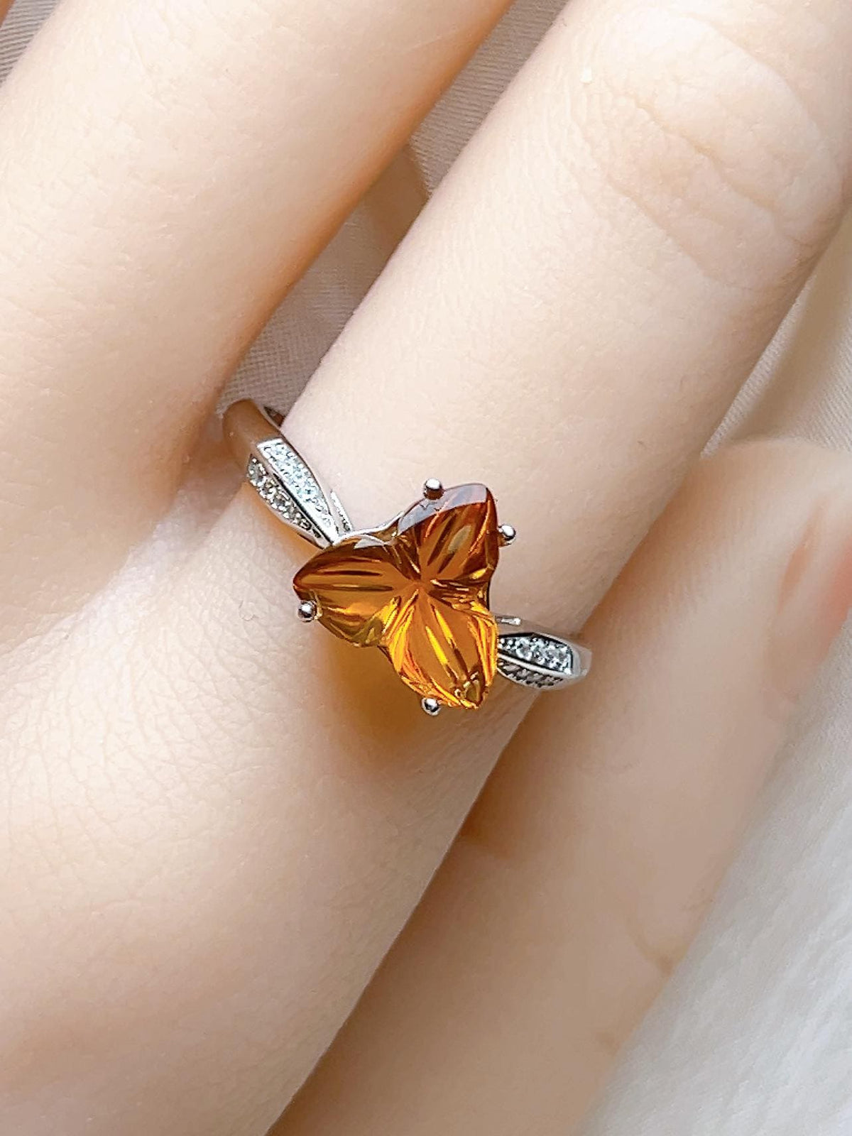 Natural Citrine Pear Floral Ring, S925 Sterling Silver - view 5