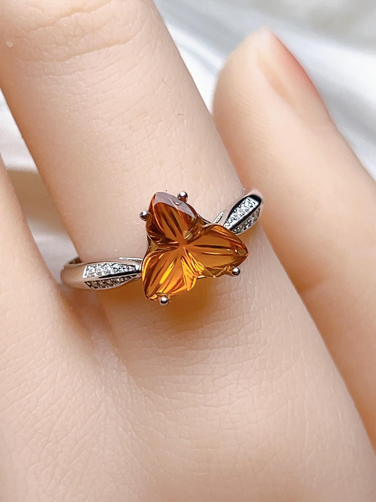 Natural Citrine Pear Floral Ring, S925 Sterling Silver - view 10