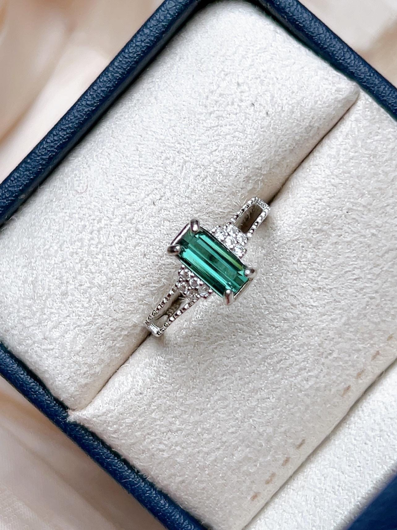 Natural Blue Green Tourmaline Emerald Cut Ring, S925 Sterling Silver - view 1