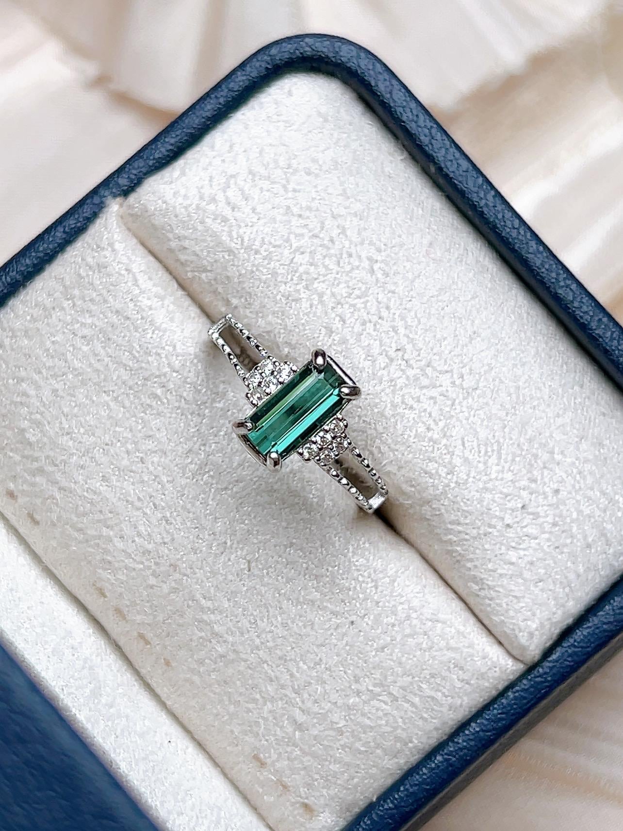 Natural Blue Green Tourmaline Emerald Cut Ring, S925 Sterling Silver - view 2