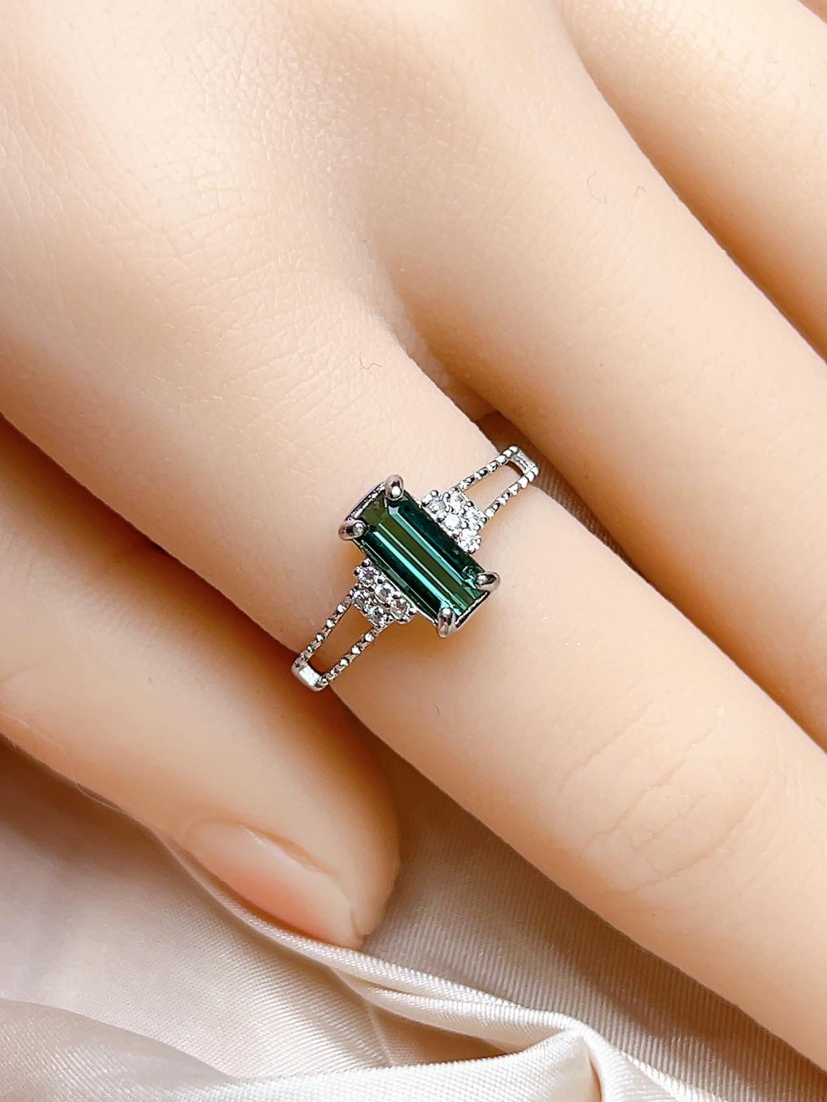 Natural Blue Green Tourmaline Emerald Cut Ring, S925 Sterling Silver - view 4