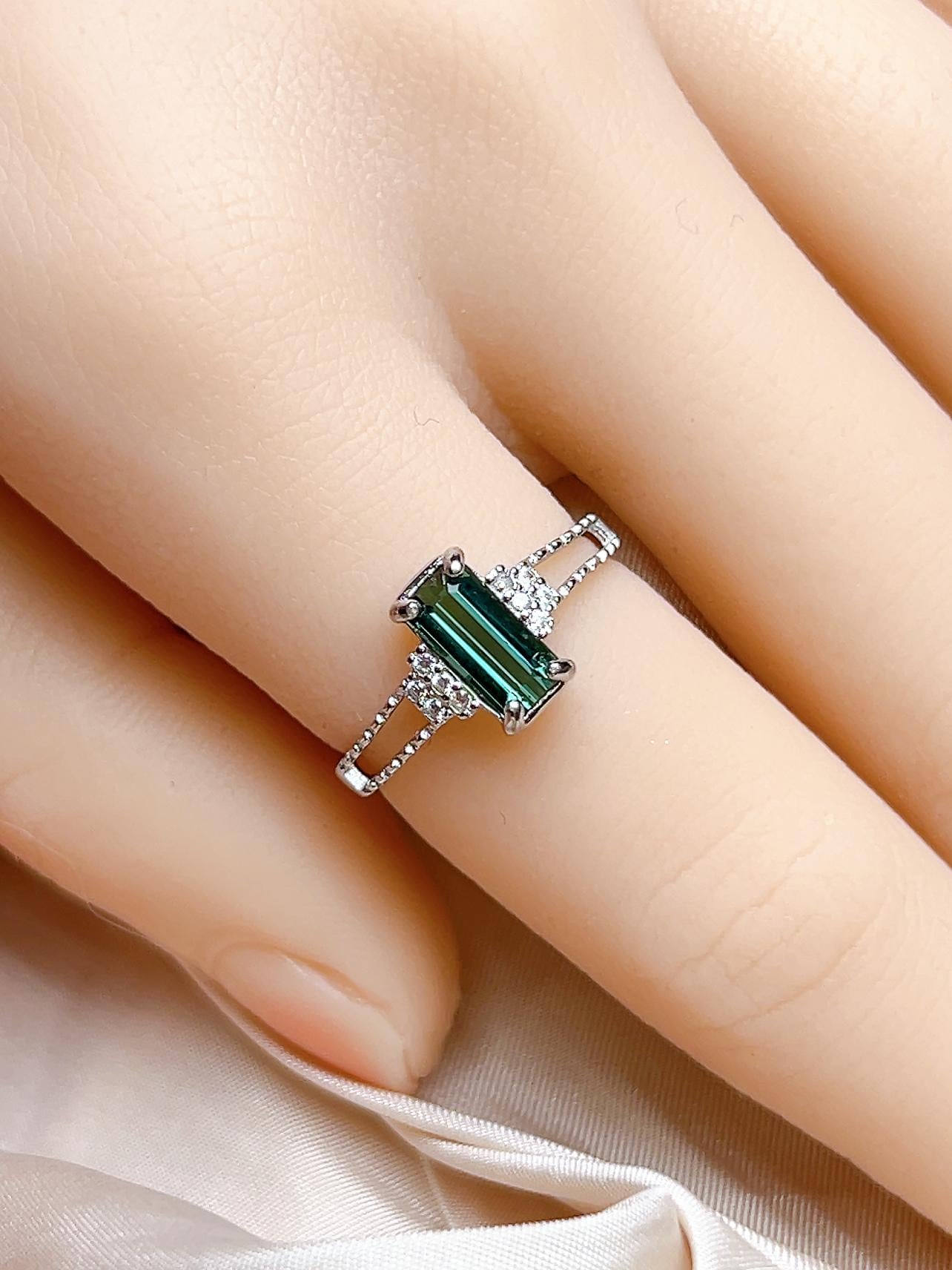 Natural Blue Green Tourmaline Emerald Cut Ring, S925 Sterling Silver - view 4