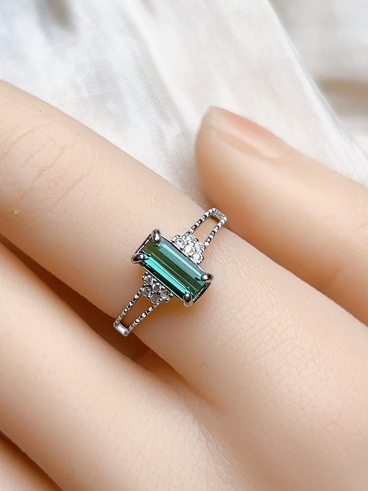Natural Blue Green Tourmaline Emerald Cut Ring, S925 Sterling Silver - view 8