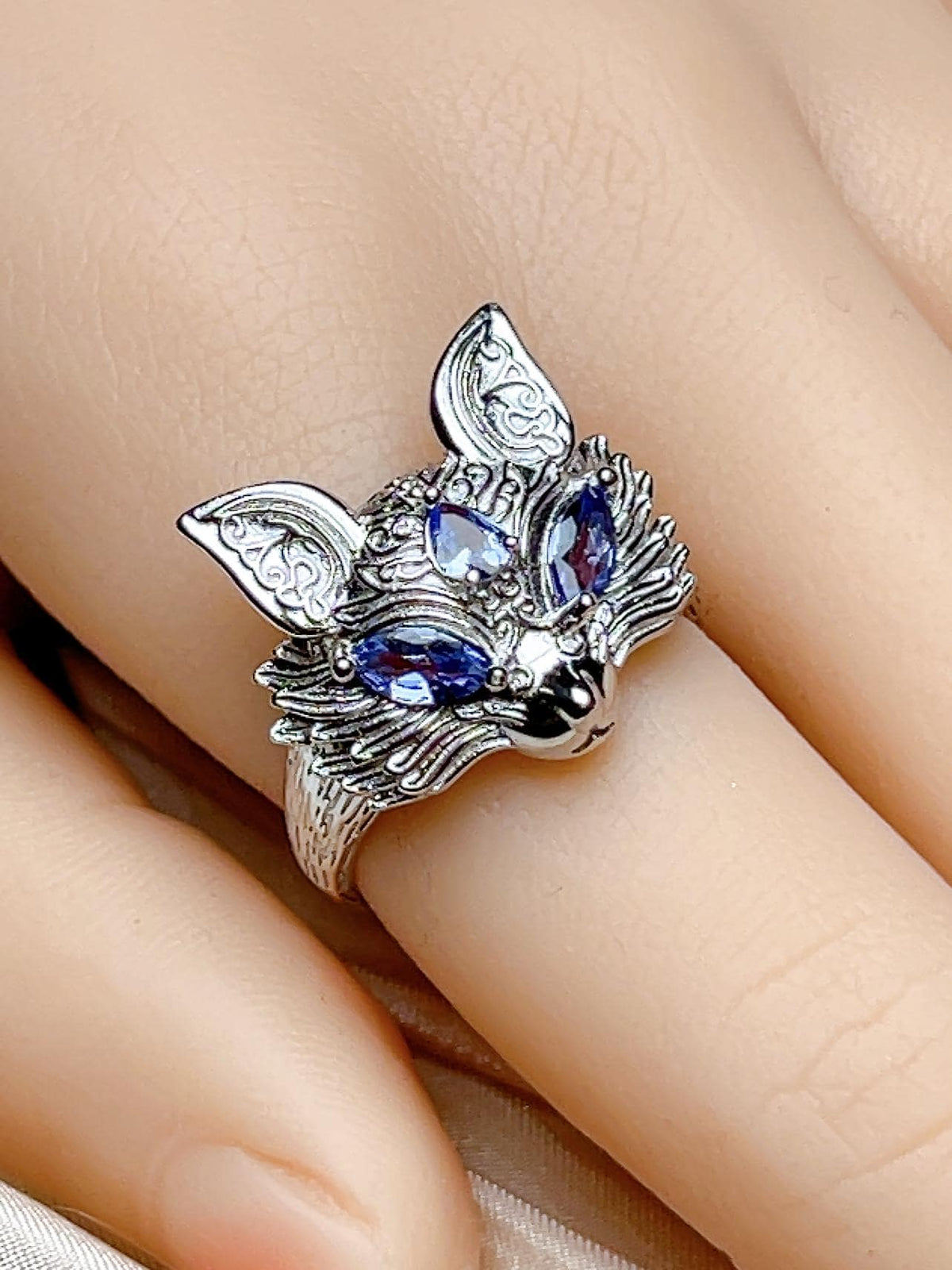 Natural Tanzanite Fox Motif Ring, S925 Sterling Silver - view 7
