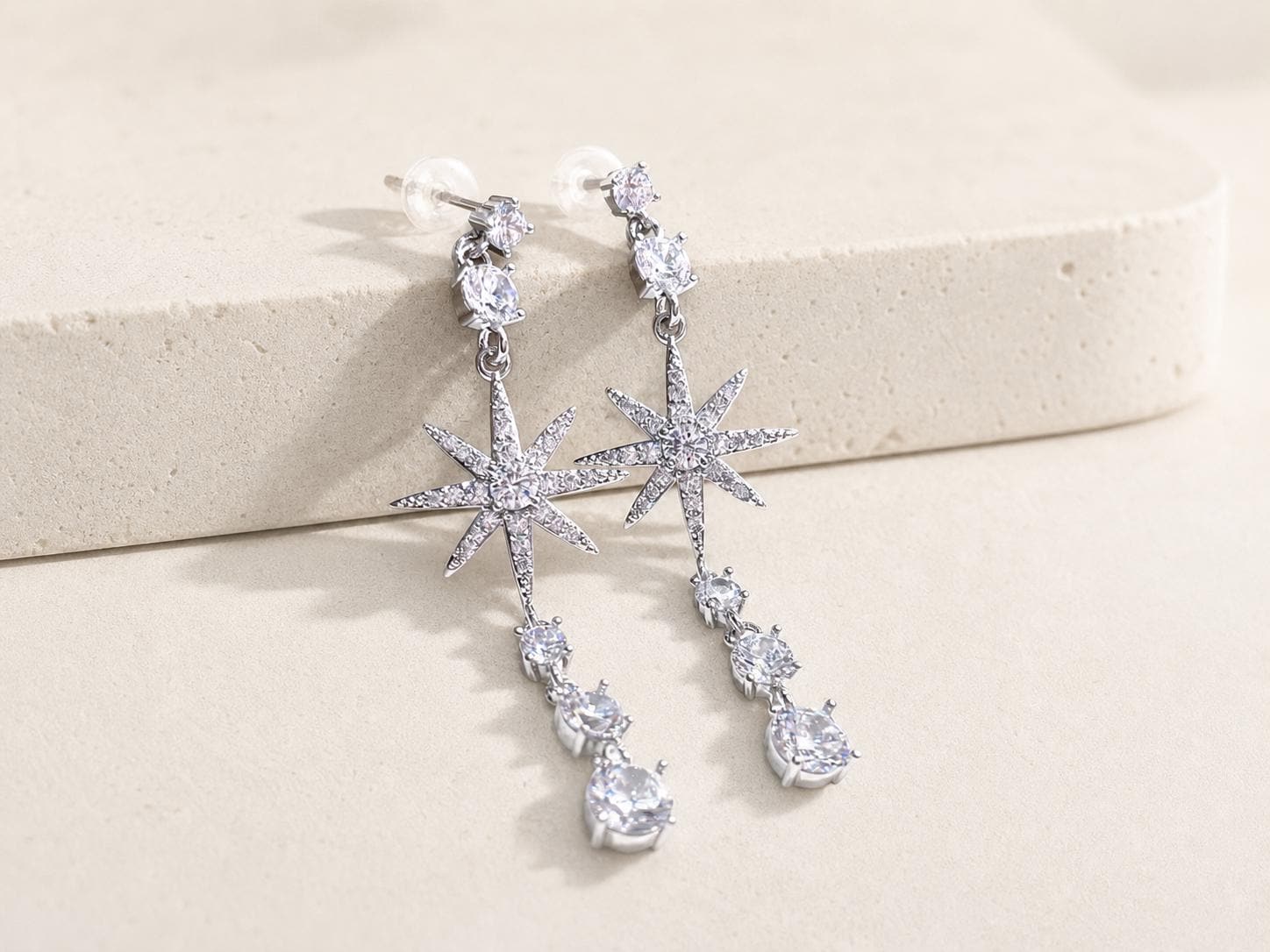 Silver Tone Starburst Drop Earrings, Long Clear Stone Dangles - view 1