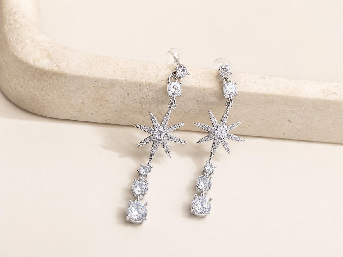 Silver Tone Starburst Drop Earrings, Long Clear Stone Dangles - view 5