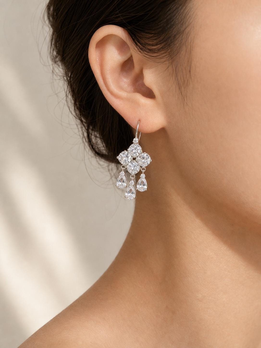 Floral Cluster Drop Earrings, Clear Stone Teardrop Dangles - view 3