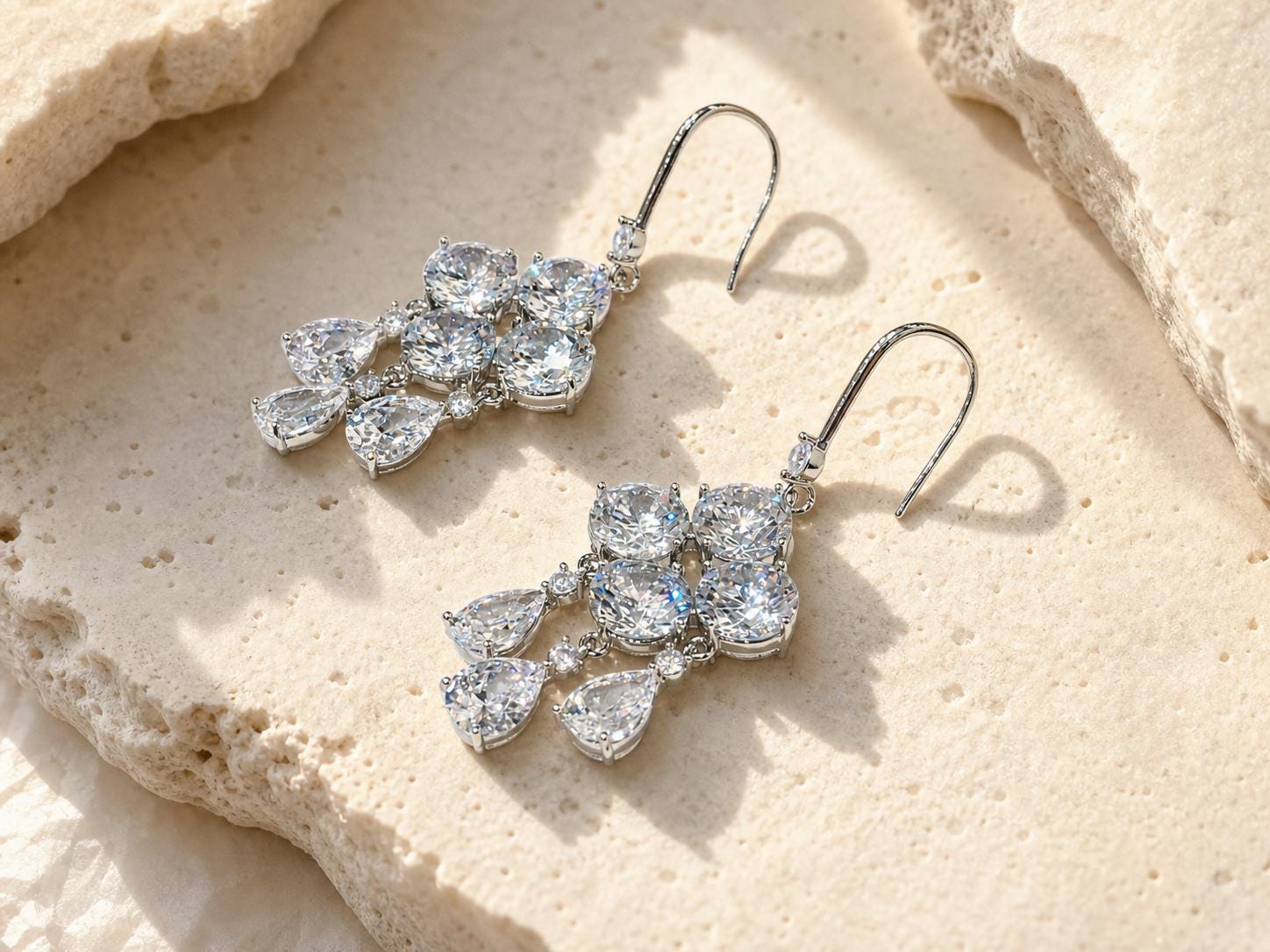 Floral Cluster Drop Earrings, Clear Stone Teardrop Dangles - view 4