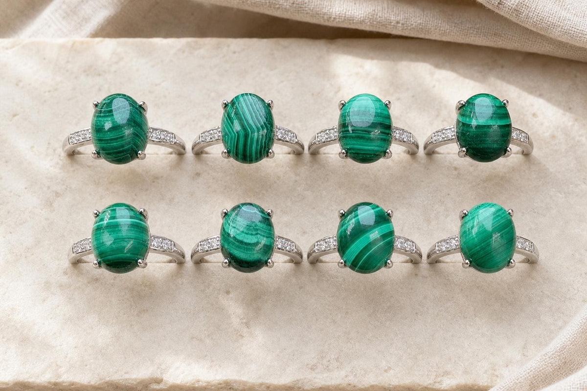 Malachite Oval Ring, Copper Setting, Natural Green Stone Jewelry - view 2