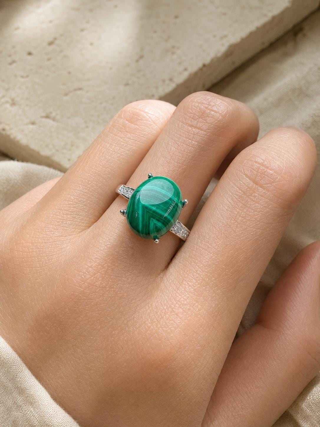 Malachite Oval Ring, Copper Setting, Natural Green Stone Jewelry - view 1
