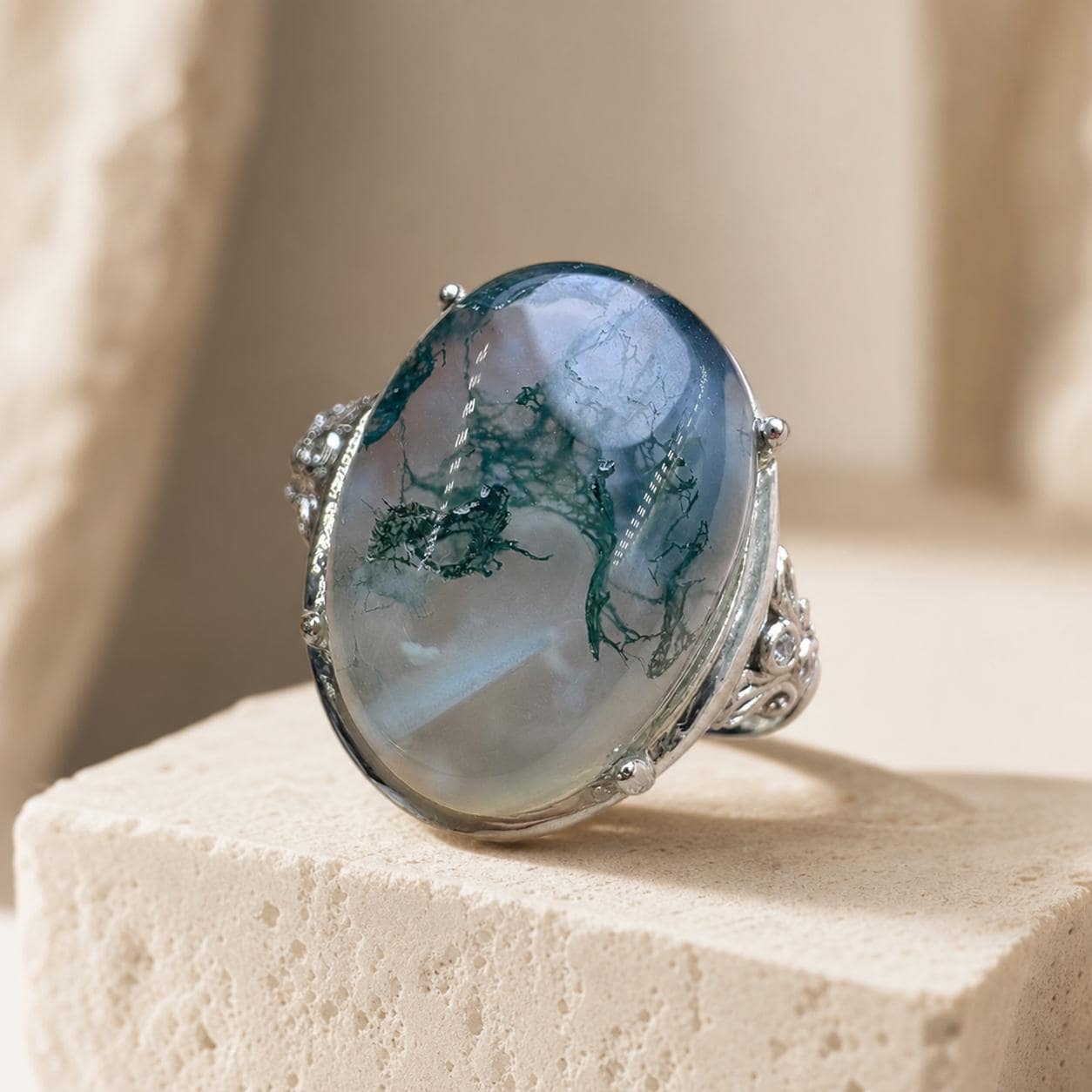 Blue Green Moss Agate Oval Ring, Copper Setting, Natural Stone Jewelry - view 1