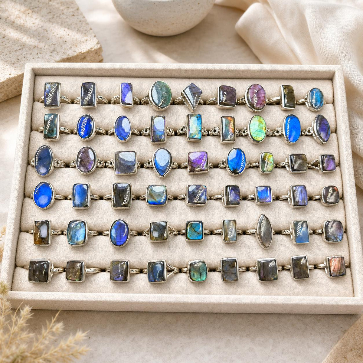 Color Flash Feldspar Ring, Assorted Natural Stone Shapes, Copper Setting - view 2
