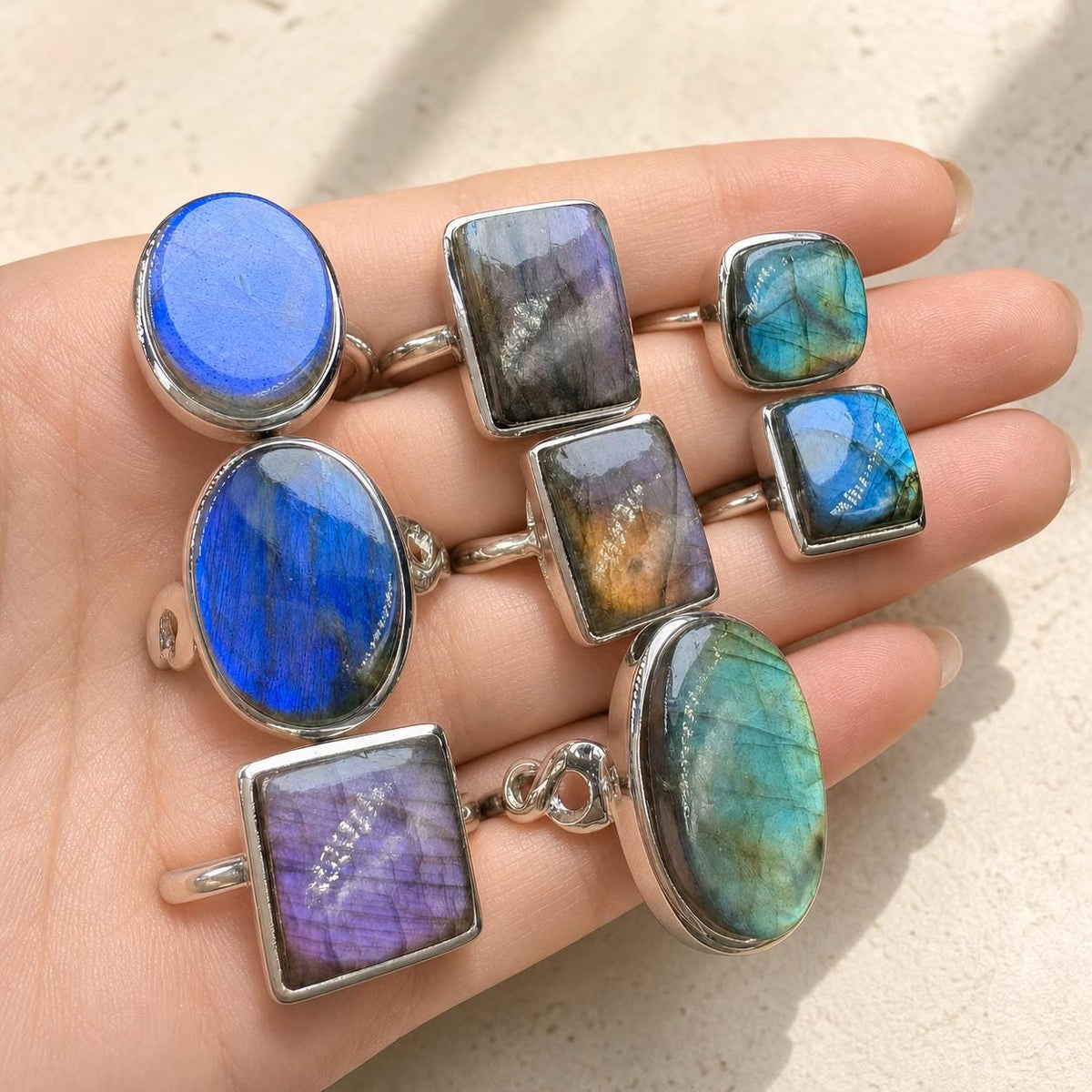 Color Flash Feldspar Ring, Assorted Natural Stone Shapes, Copper Setting - view 4