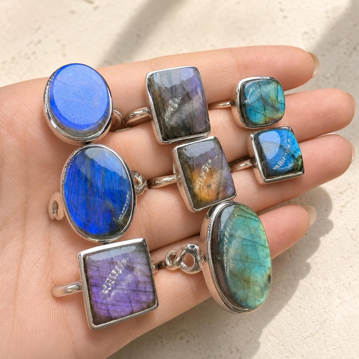 Color Flash Feldspar Ring, Assorted Natural Stone Shapes, Copper Setting - view 4