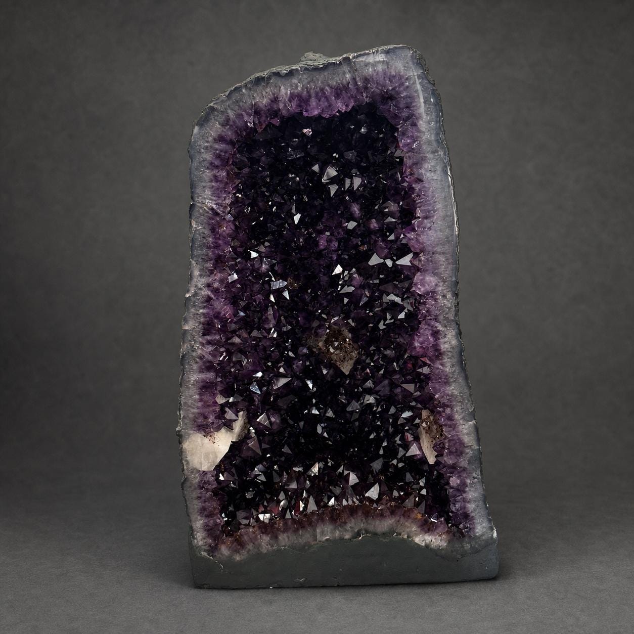 Top Grade Brazilian Amethyst Geode with Calcite and Golden Rutile Inclusions, Natural Outer Rind Crystal Cave, 33.4kg Exact Specimen - view 1