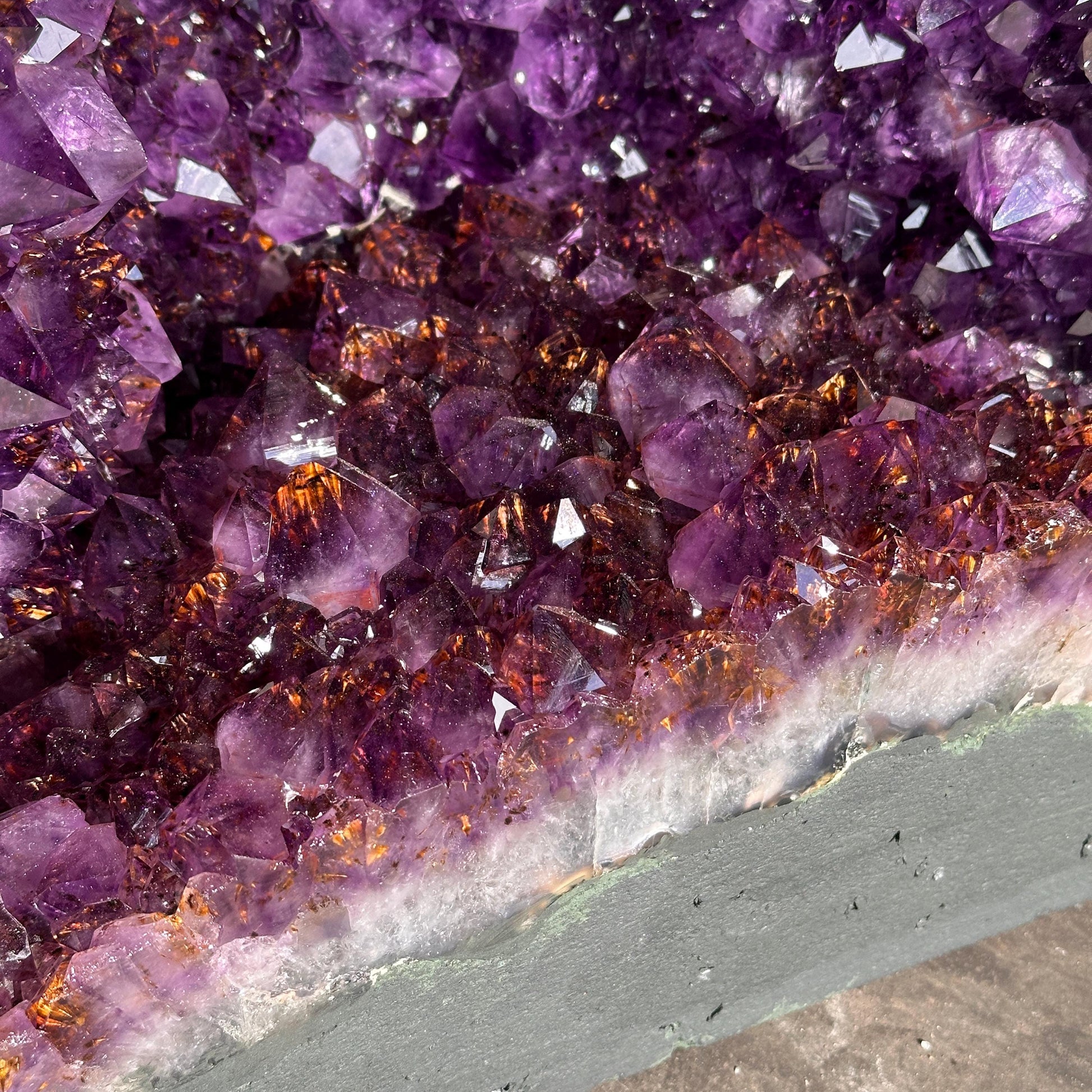 Top Grade Brazilian Amethyst Geode with Calcite and Golden Rutile Inclusions, Natural Outer Rind Crystal Cave, 33.4kg Exact Specimen - view 7