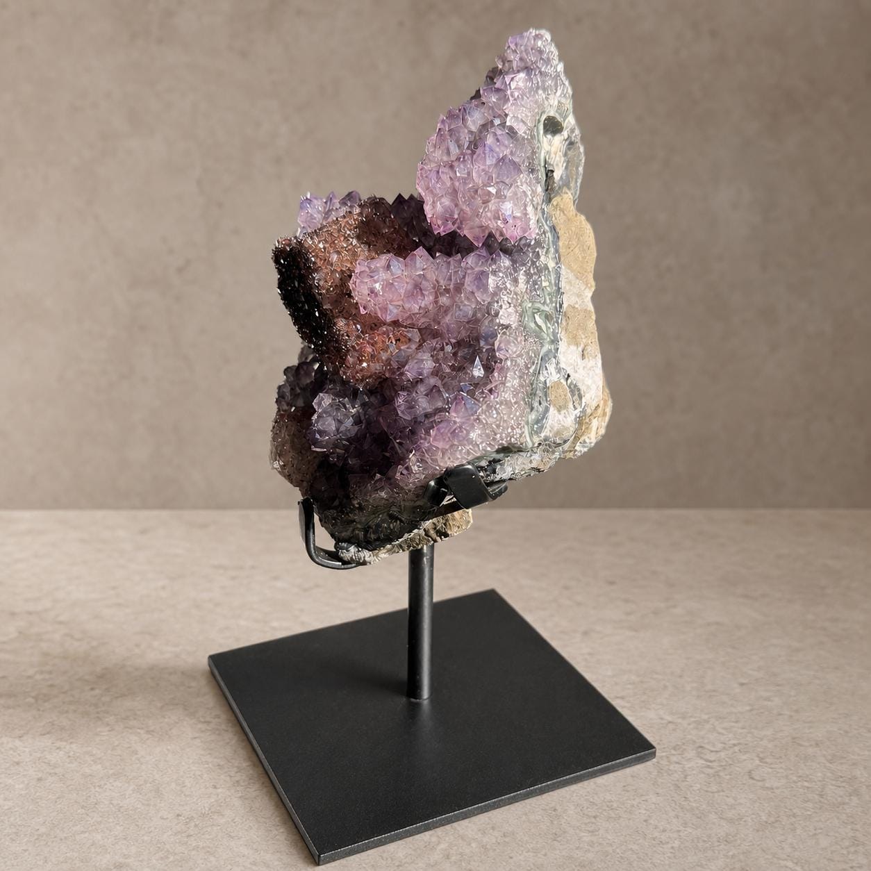 Brazilian Amethyst and Red Calcite Cluster, Crystal Display on Metal Stand, Exact Specimen - view 4