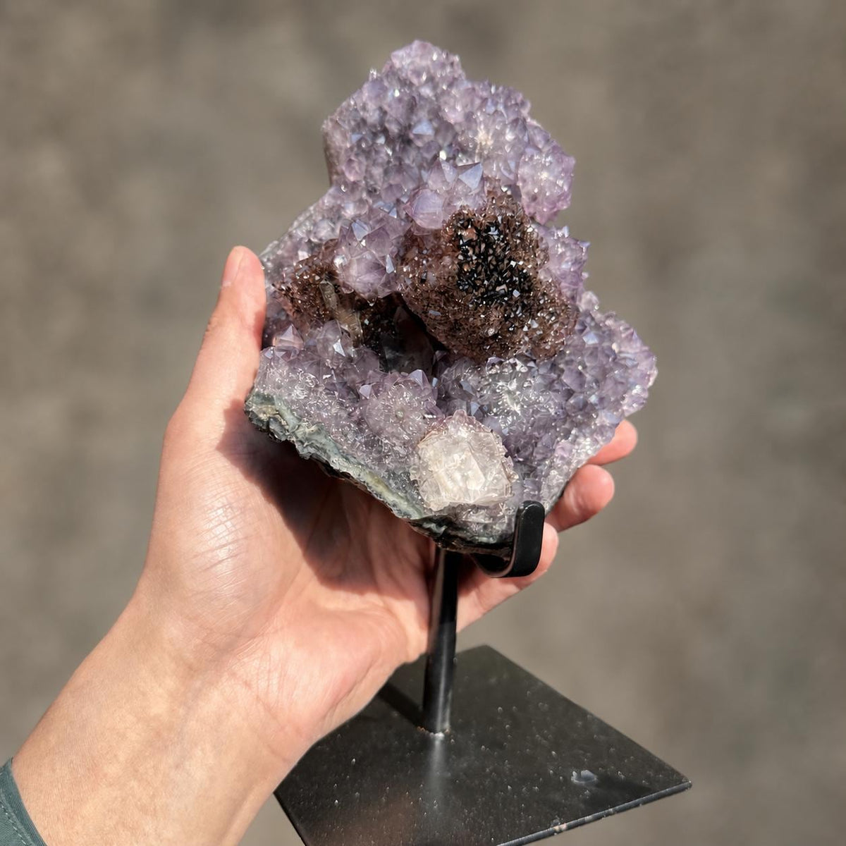 Brazilian Amethyst and Red Calcite Cluster, Crystal Display on Metal Stand, Exact Specimen - view 7