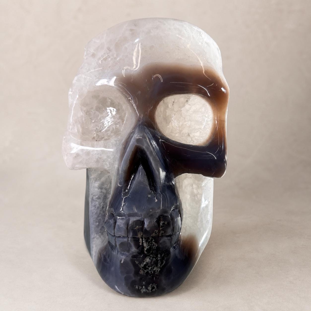 Brazilian Agate Skull with Pink and White Sugar Amethyst, Large Crystal Carving, Exact Piece - view 3
