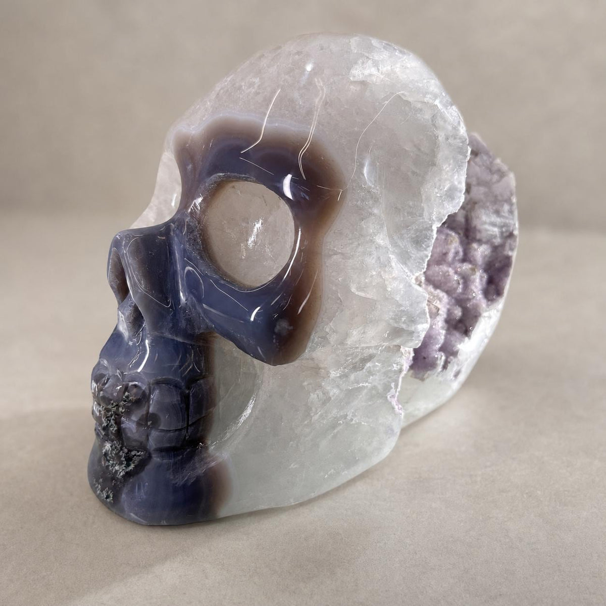 Brazilian Agate Skull with Pink and White Sugar Amethyst, Large Crystal Carving, Exact Piece - view 1