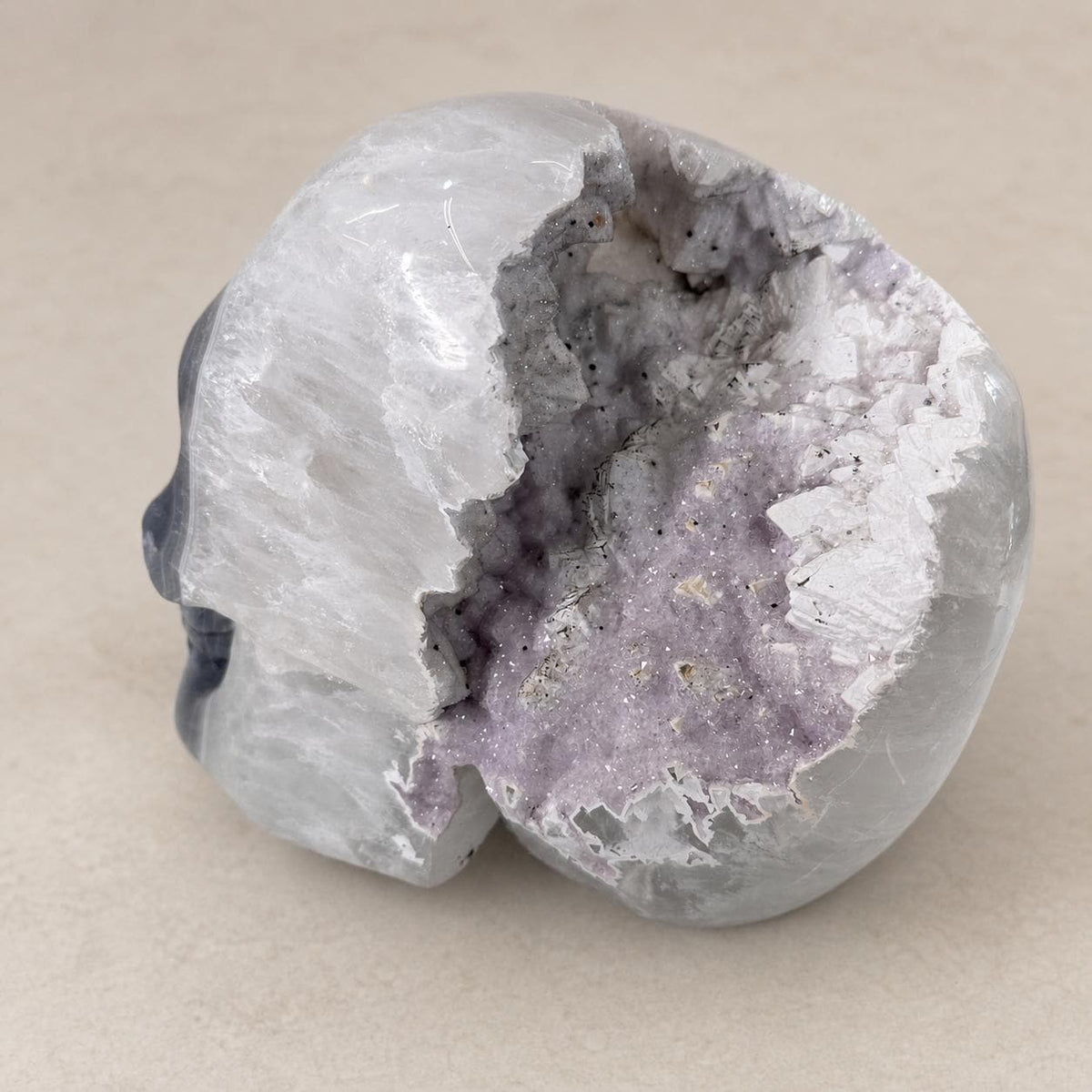 Brazilian Agate Skull with Pink and White Sugar Amethyst, Large Crystal Carving, Exact Piece - view 6